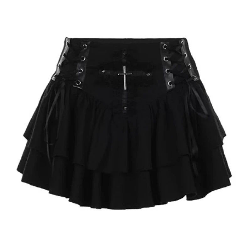 Visual Kei Cross Emblem Lace-Up Layered Ruffle Mini Skirt A2916 Shoptery