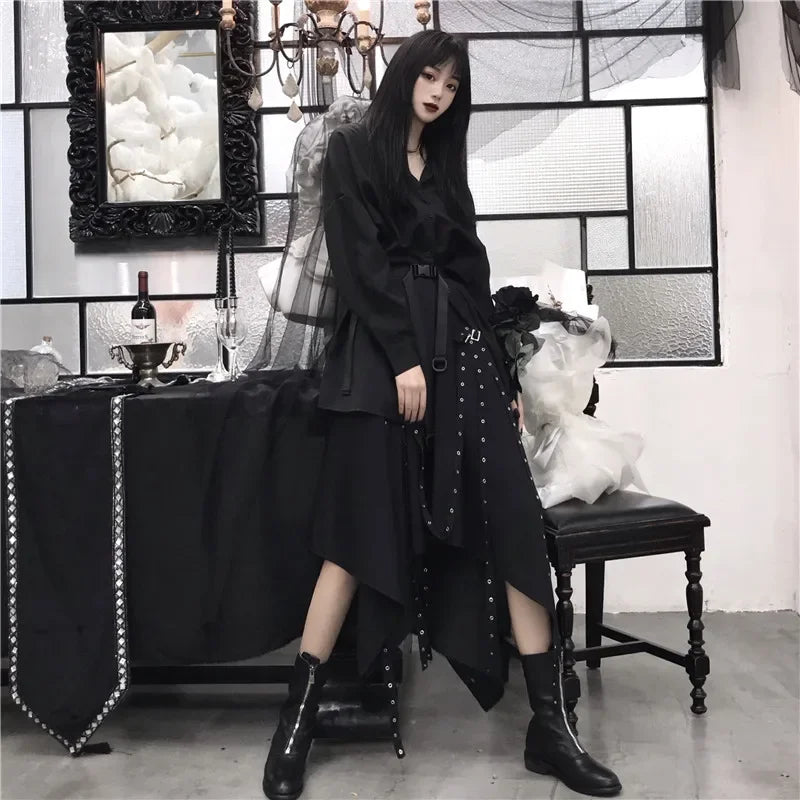 Visual Kei Black Rose Asymmetric Shirt Dress with Studded Belt Shoptery