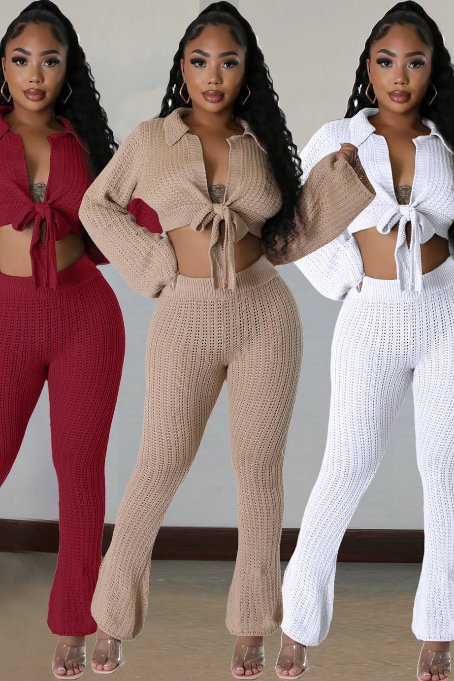 Women Fall Winter Clothes Elegant Luxury Crocheted 2 Piece Pant Sets