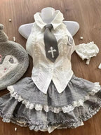 Jirai Kei Black Lace Bolero & Ivory Ruffle Blouse Plaid Skirt Set 3733 White Dress Set Shoptery