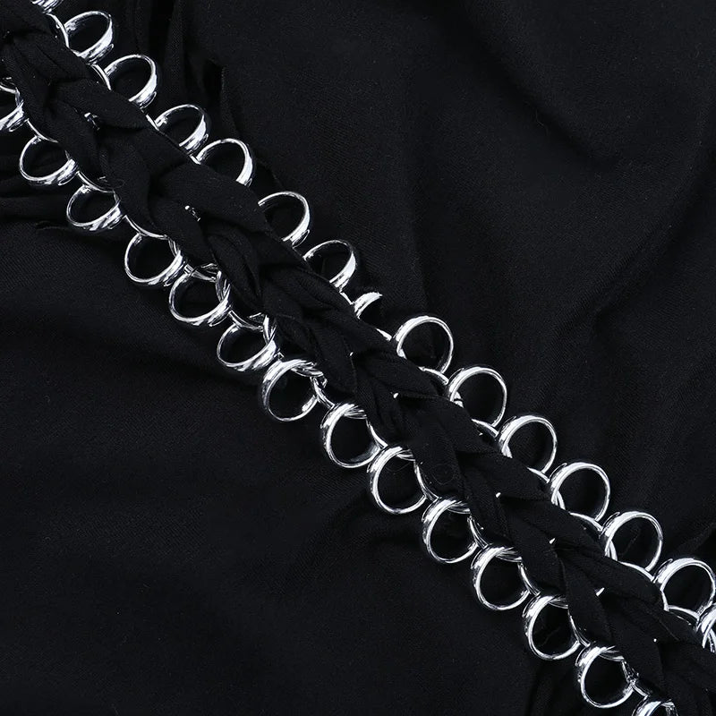 Visual Kei Slashed Fishbone Ring & Safety Pin Cutout Black Tee Shoptery