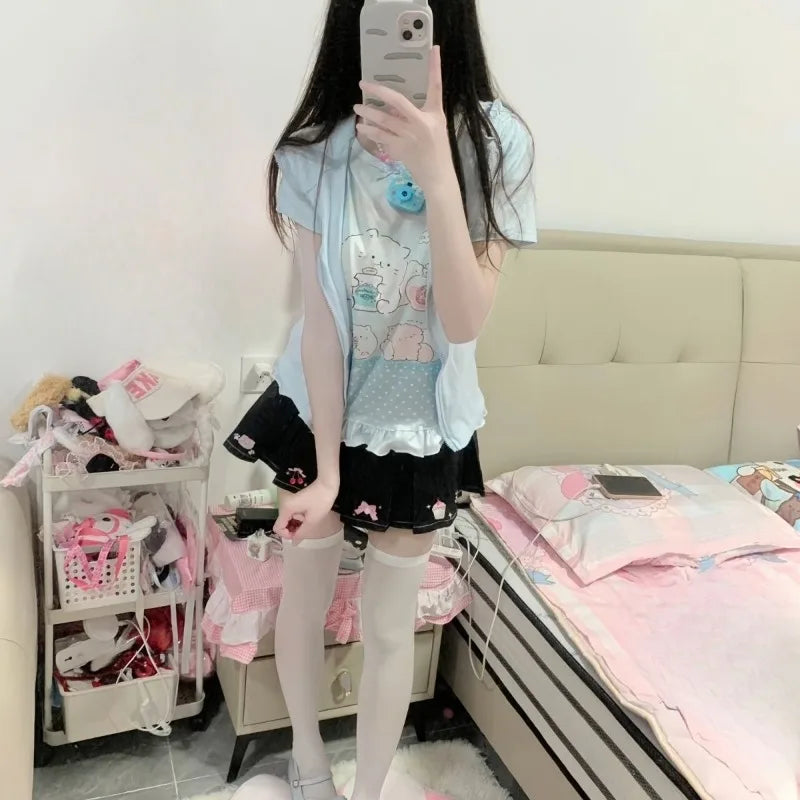Fairy Kei Pastel Kawaii Cat Print Ruffle Hem Short Sleeve Top Shoptery