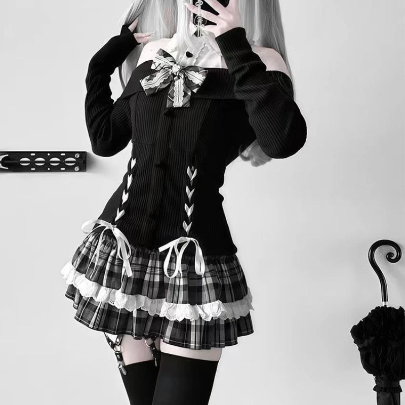 Jirai Kei Off-Shoulder Lace-Up Knit Top & Plaid Ruffle Skirt Set Secondary image