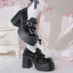 Jirai Kei Black Patent Platform Loafers with Ruffle Heart Buckle Shoptery