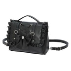 Jirai Kei Ruffle Bow Lace-Up PU Leather Satchel Crossbody Bag black Shoptery