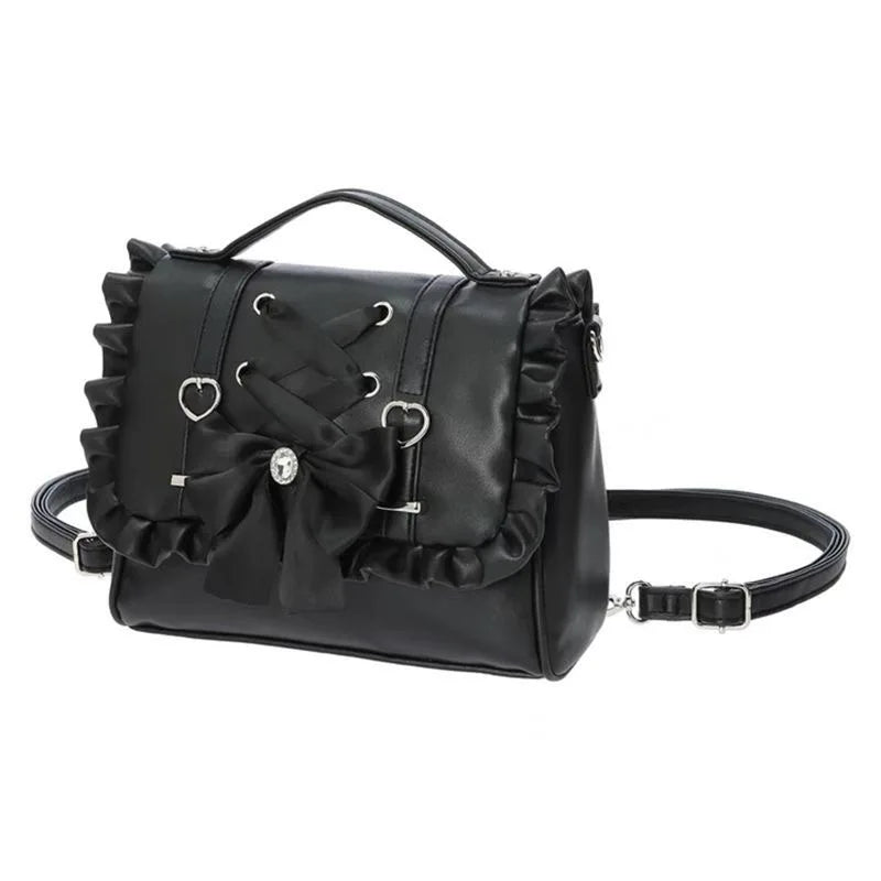Jirai Kei Ruffle Bow Lace-Up PU Leather Satchel Crossbody Bag black Shoptery