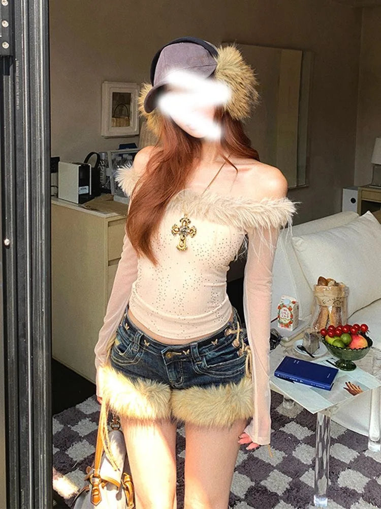 Gyaru Faux Fur Trim Low-Rise Lace-Up Micro Denim Shorts Shoptery