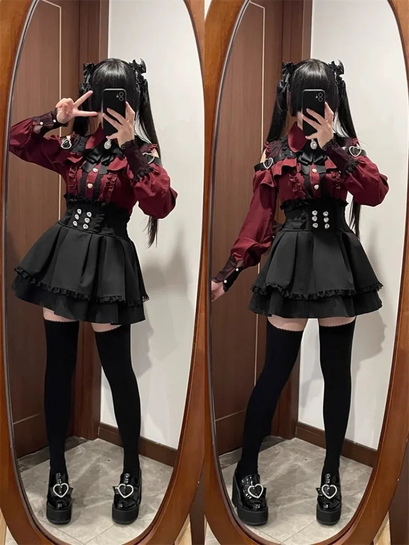 Jirai Kei Red Ruffle Blouse & Black Pleated Skirt Gothic Set Shoptery