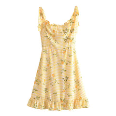 Retro Lemon Print Plaid Dress Yellow Shoptery