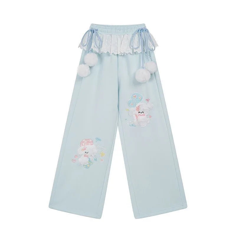 Fairy Kei Bunny Pom-Pom Lace Waist Wide-Leg Sweatpants Set Shoptery