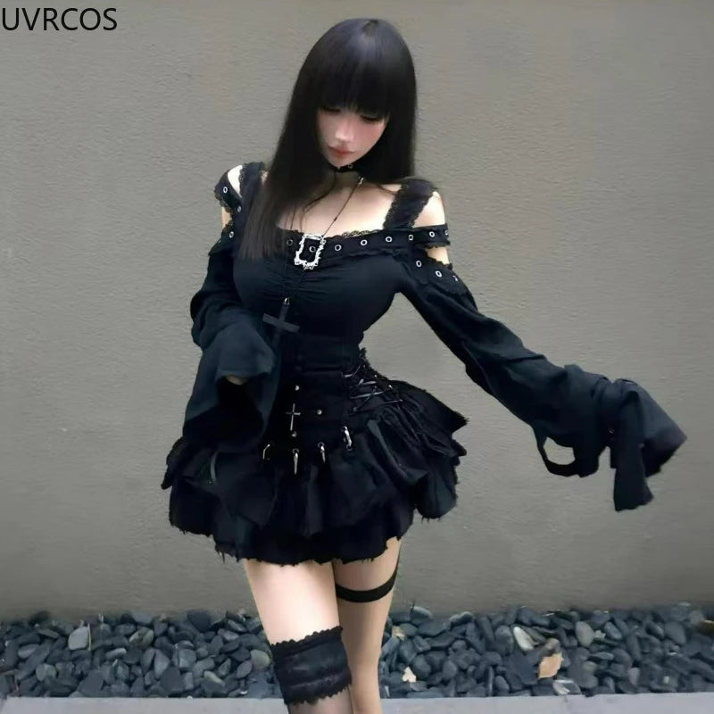 Jirai Kei Black Gothic Cross Lace Cold-Shoulder Mini Dress Set black Shoptery
