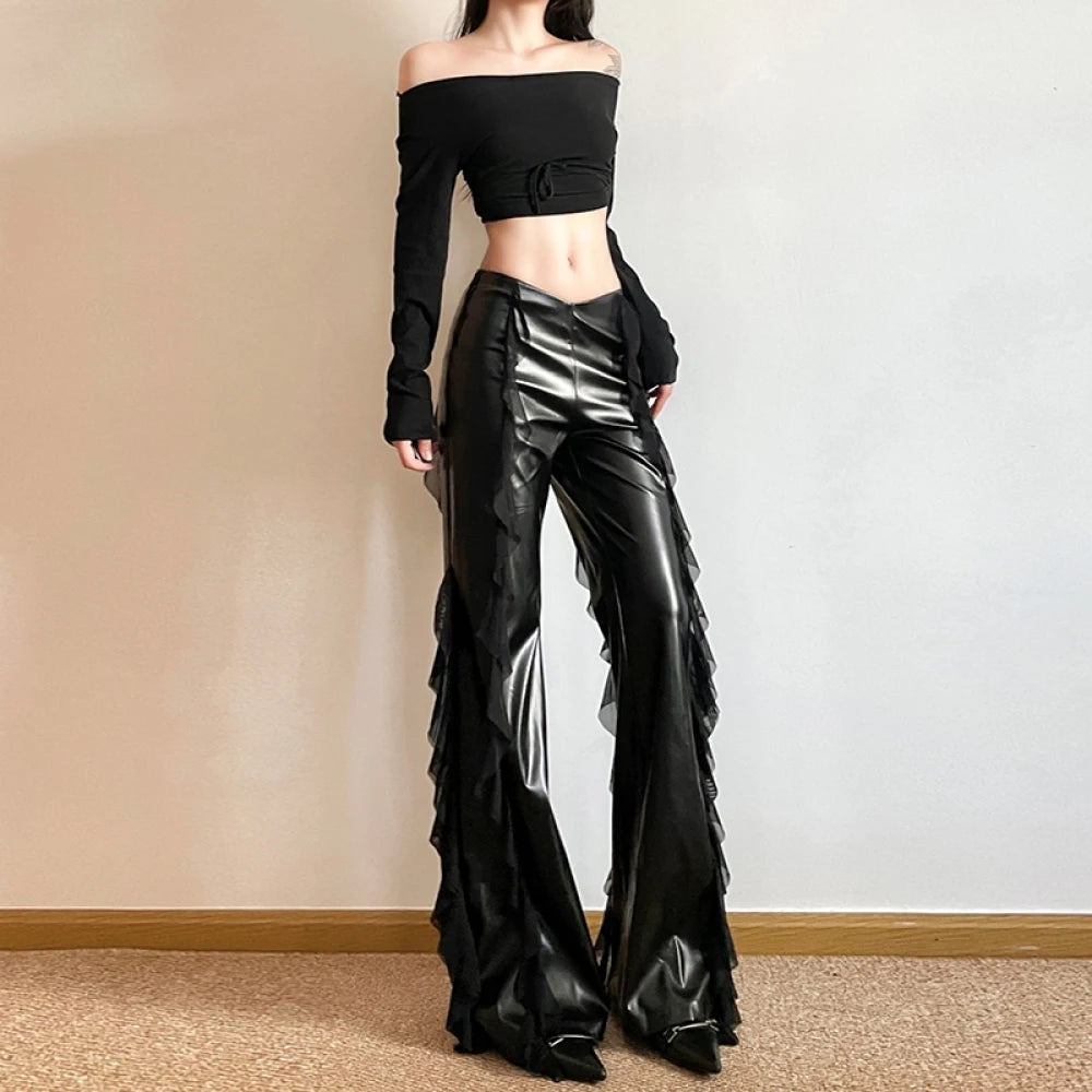 Visual Kei Faux Leather Ruffle Flare Pants & Off-Shoulder Crop Top Set Shoptery