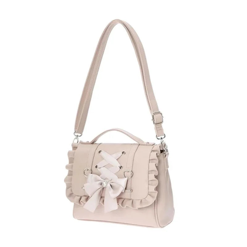 Jirai Kei Ruffle Bow Lace-Up PU Leather Satchel Crossbody Bag pink Shoptery