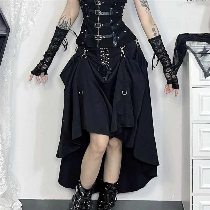 Visual Kei Black Lace Bustier & Layered Ruffle High-Low Skirt Set Shoptery
