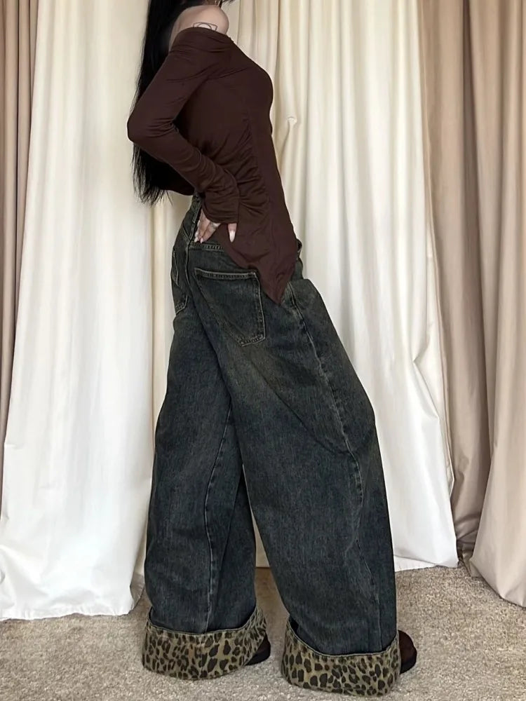Retro Leopard Print Y2k Jeans Shoptery