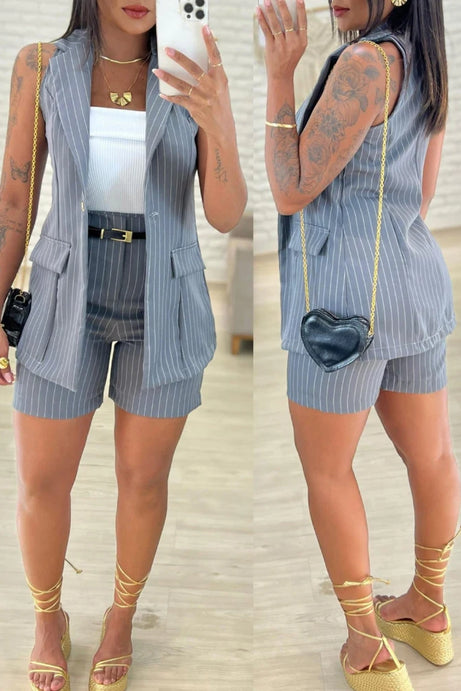 New Turn-Down Collar Design Vest Blazer and Casual Shorts Set