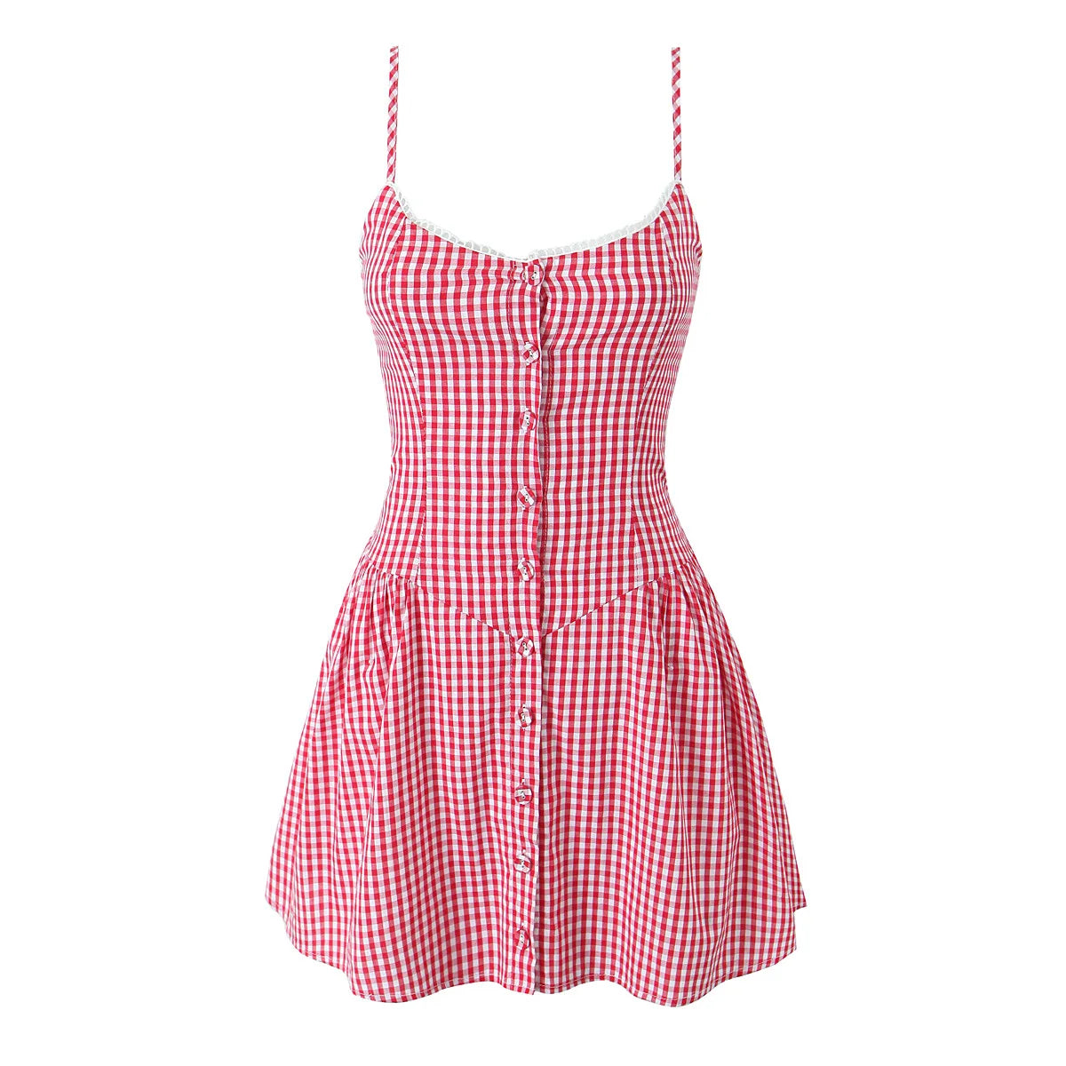Retro Gingham Lace Button Dress Red Shoptery