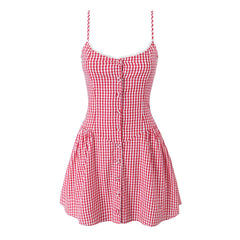 Retro Gingham Lace Button Dress Red Shoptery