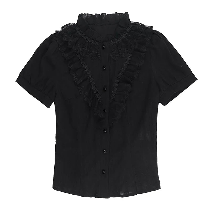 Jirai Kei Black Lace Ruffle Blouse with Bat Cross Necklace Black Shoptery