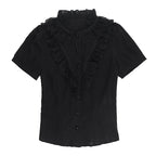 Jirai Kei Black Lace Ruffle Blouse with Bat Cross Necklace Black Shoptery