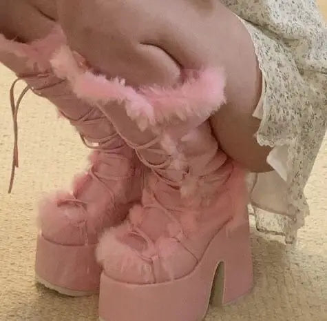 Jirai Kei Faux Fur Lace-Up Knee-High Platform Boots Shoptery