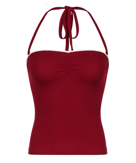 Red Lace-Trim Halter Top