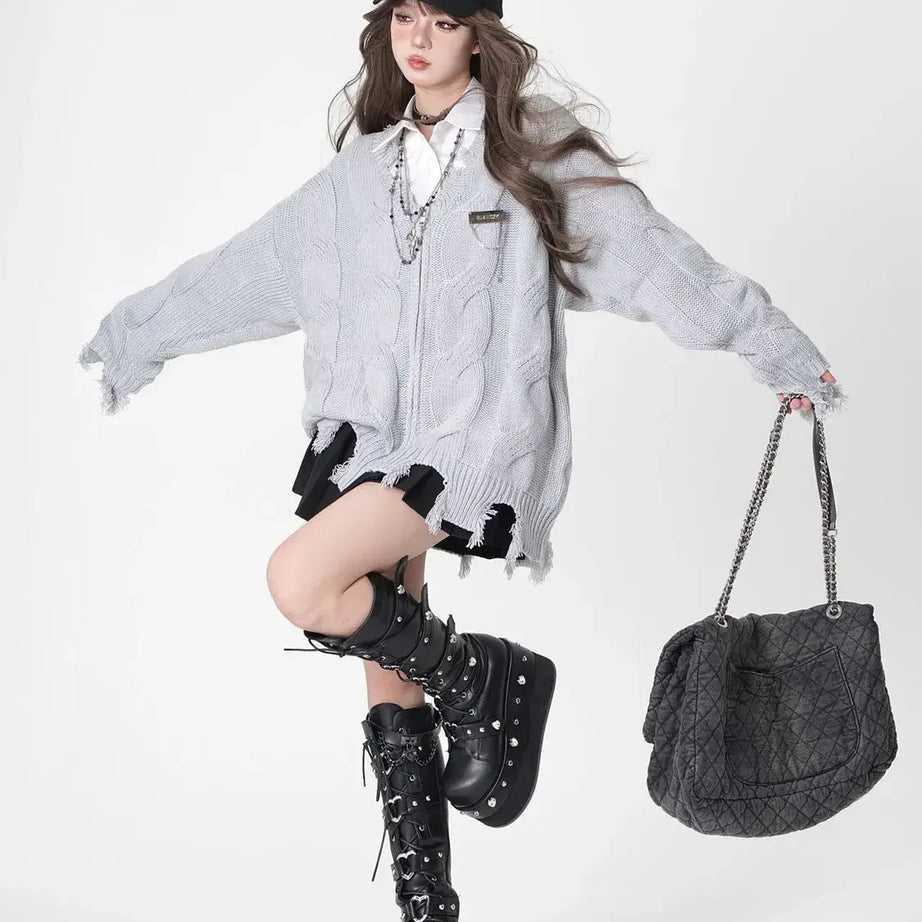 Shadow Shred Edgy Zip-Up Sweater Shoptery