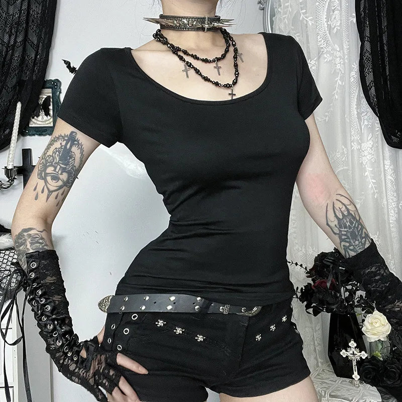 Visual Kei Slashed Fishbone Ring & Safety Pin Cutout Black Tee Shoptery
