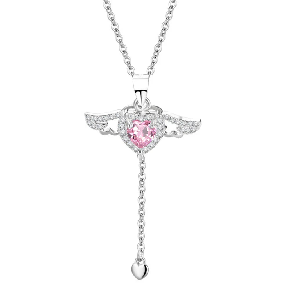 Jirai Kei Crystal Angel Wing Heart Pendant Necklace Silver Pink Shoptery