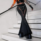 Visual Kei Chain-Detail Lace-Up Mesh Flare Pants with Split Hem Shoptery