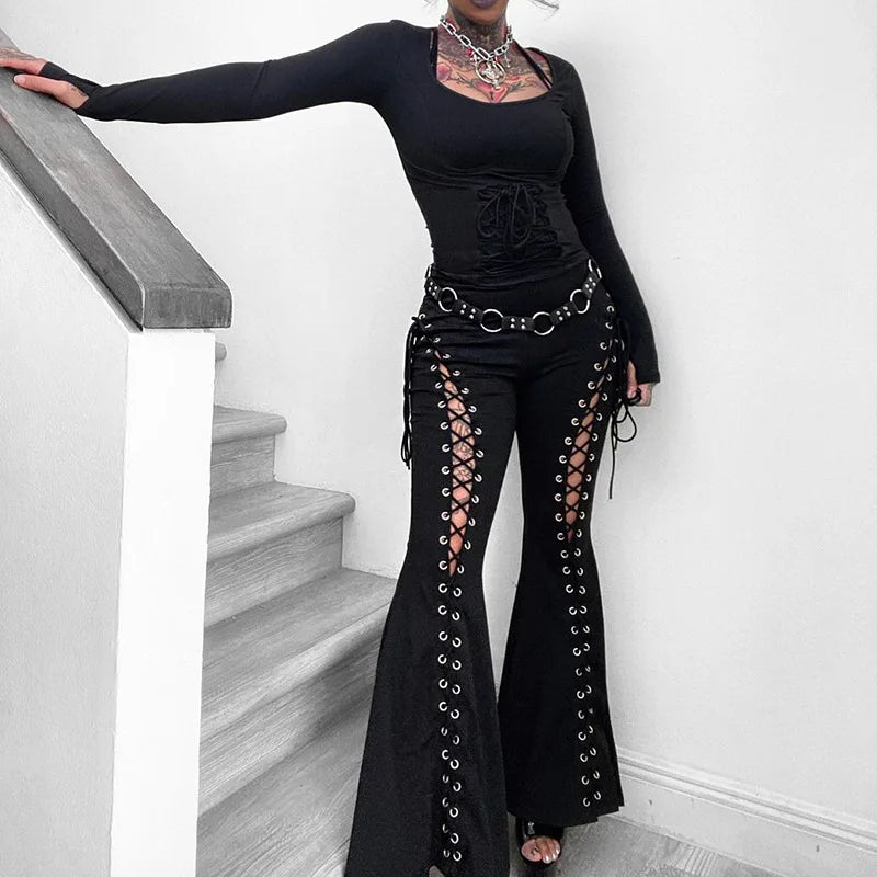 Visual Kei Chain-Detail Lace-Up Mesh Flare Pants with Split Hem Shoptery