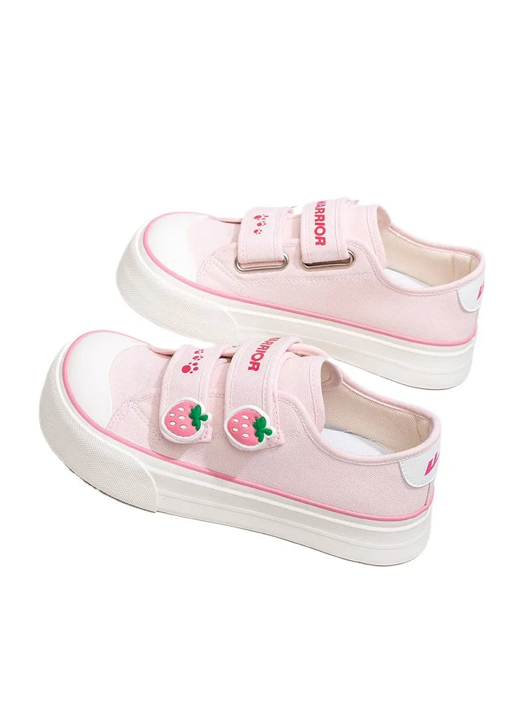 Fairy Kei Pink Strawberry Platform Canvas Sneakers with Velcro Straps Shoptery
