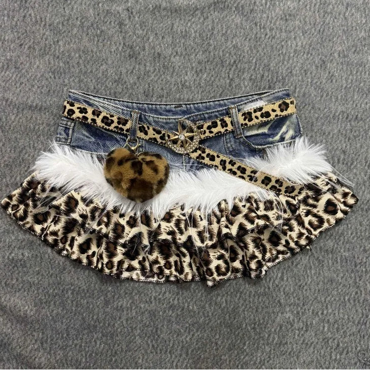 Gyaru Leopard Print Ruffle Denim Mini Skirt with Star Belt Skirt and Belt 4 Shoptery