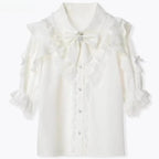 Jirai Kei Black Lace Ruffle Bow Button-Up Blouse 7024 White Shoptery