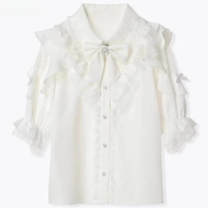 Jirai Kei Black Lace Ruffle Bow Button-Up Blouse 7024 White Shoptery
