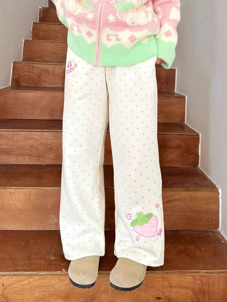 Fairy Kei Pastel Polka Dot Strawberry Embroidery Wide-Leg Pants Shoptery