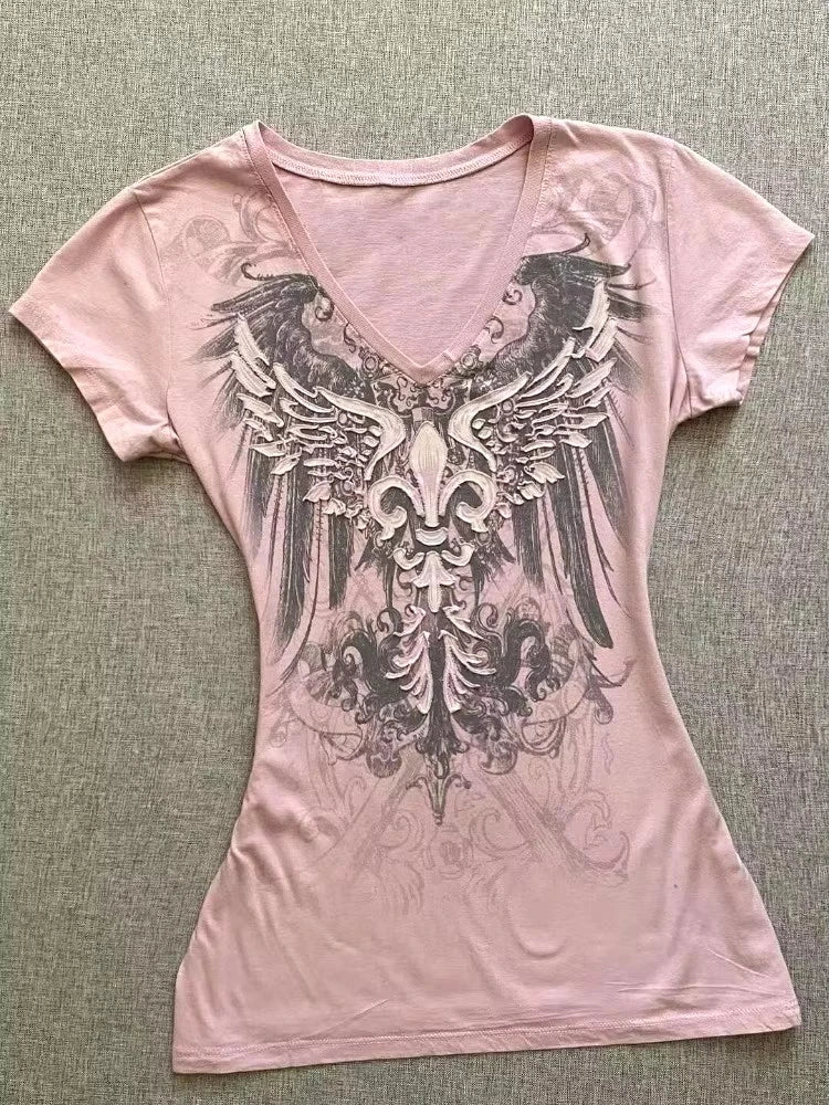Visual Kei Heraldic Wing Fleur-de-Lis Graphic Pink V-Neck Tee Pink Shoptery