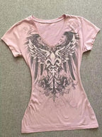 Visual Kei Heraldic Wing Fleur-de-Lis Graphic Pink V-Neck Tee Pink Shoptery