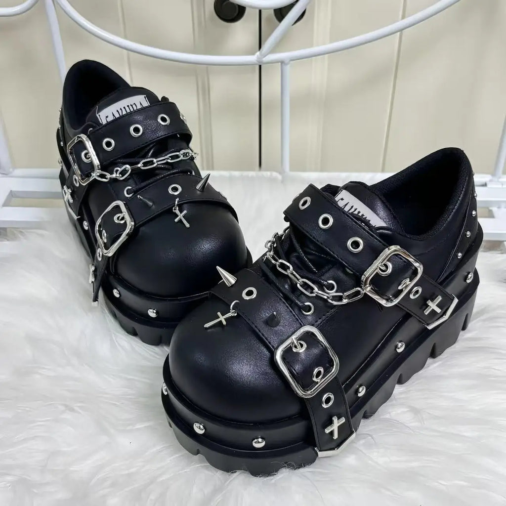 Visual Kei Studded Platform Shoes with Chains, Buckles & Cross Charms Matte Black Shoptery
