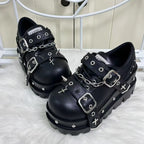 Visual Kei Studded Platform Shoes with Chains, Buckles & Cross Charms Matte Black Shoptery