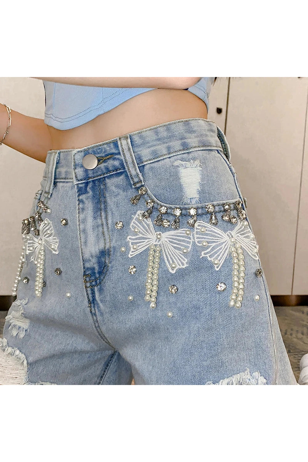 Y2k Pearl Bow Embellished Denim Shorts Shoptery