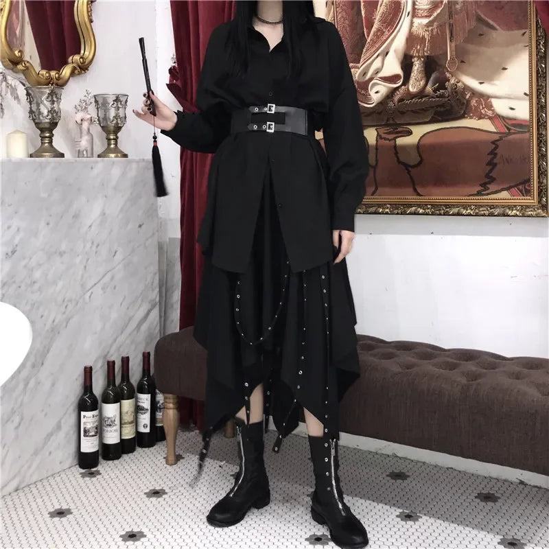 Visual Kei Black Rose Asymmetric Shirt Dress with Studded Belt Shoptery