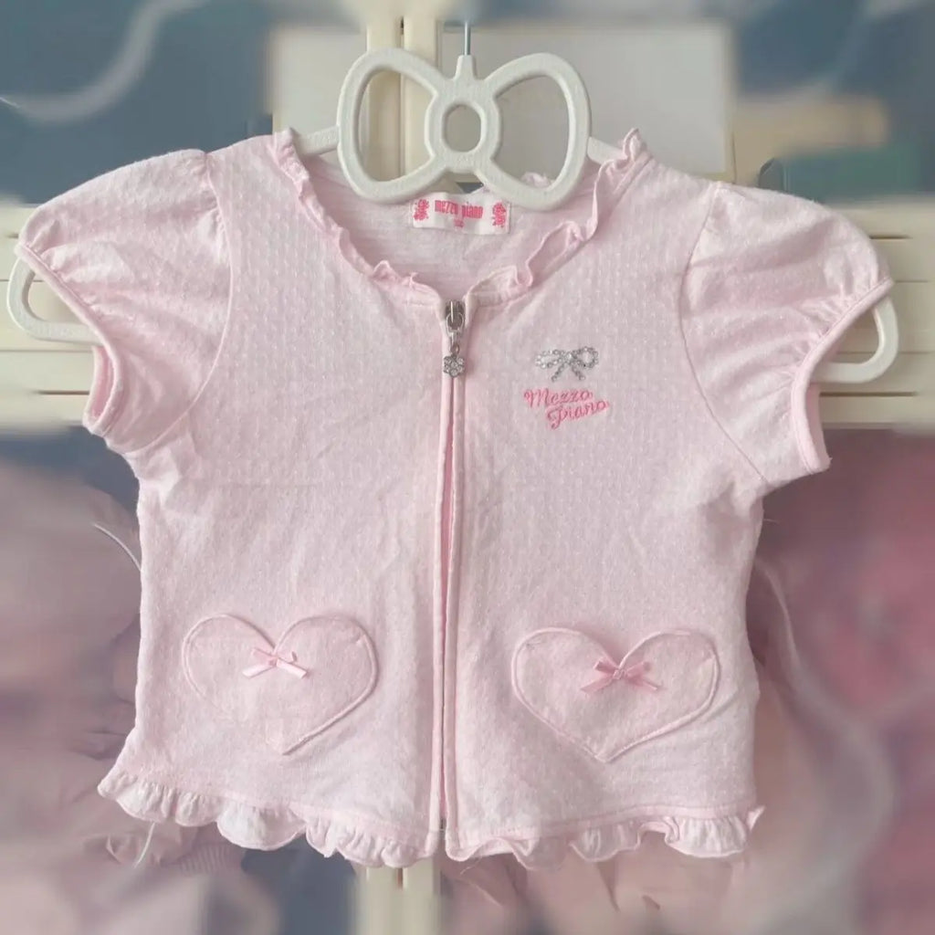 Fairy Kei Pastel Pink Heart Bow Zip Ribbed Cardigan by Mezzo Piano Shoptery