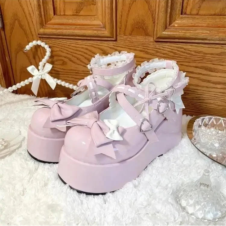 Jirai Kei White Patent Bow Platform Mary Jane Shoes with Lace Socks Pink Shoptery