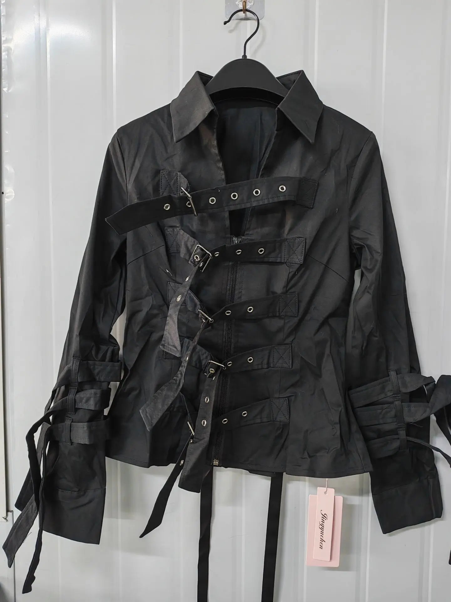 Visual Kei Black Multi-Buckle Strap Lace Collar Long Sleeve Shirt Shoptery