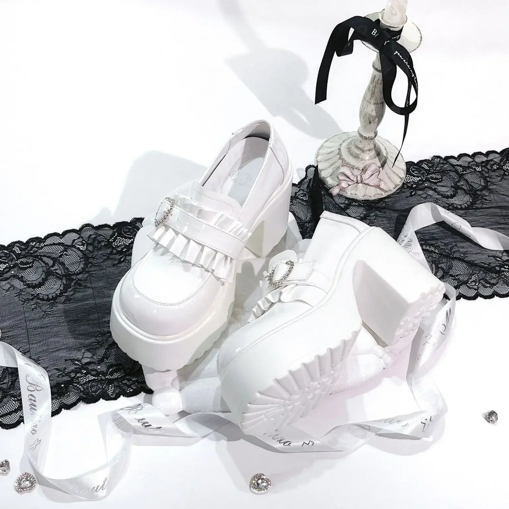 Jirai Kei Black Patent Platform Loafers with Ruffle Heart Buckle White Shoptery