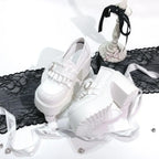 Jirai Kei Black Patent Platform Loafers with Ruffle Heart Buckle White Shoptery