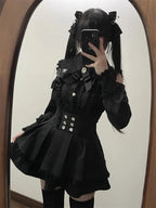 Jirai Kei Red Ruffle Blouse & Black Pleated Skirt Gothic Set Shoptery