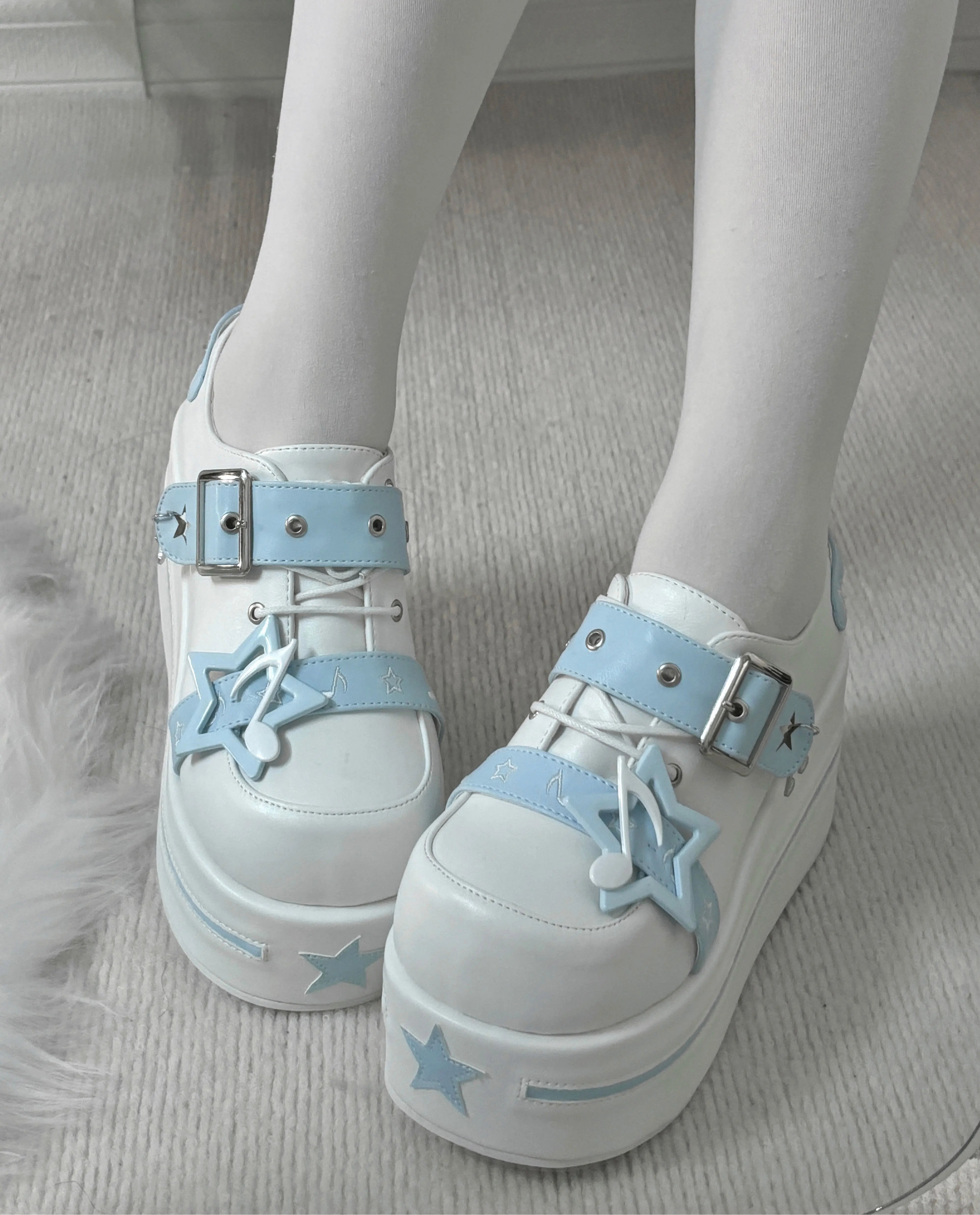 Fairy Kei Star Charm Platform Sneakers with Buckle Strap water color Shoptery
