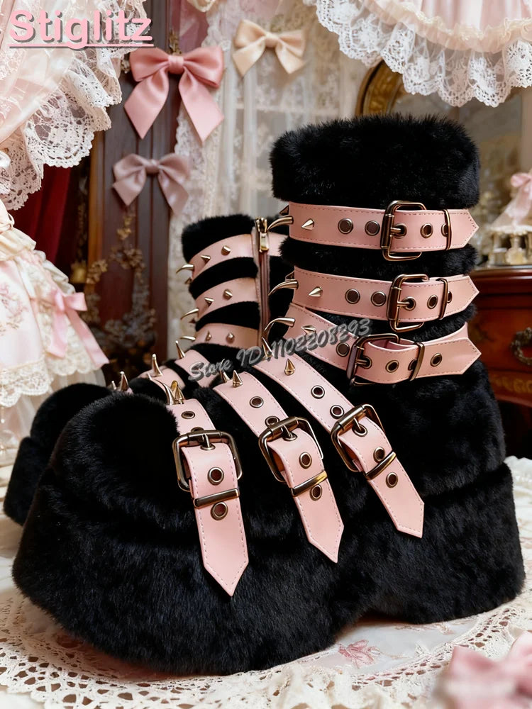 Jirai Kei Pastel Faux Fur Platform Boots with Spiked Buckle Straps black China Mainland Shoptery